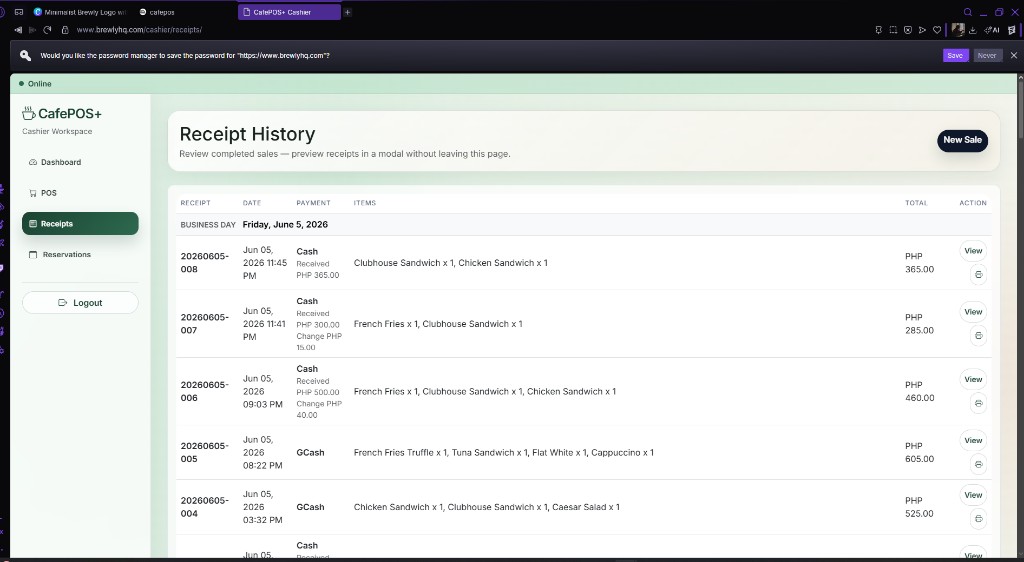 CafePOS+ admin dashboard showing receipt history