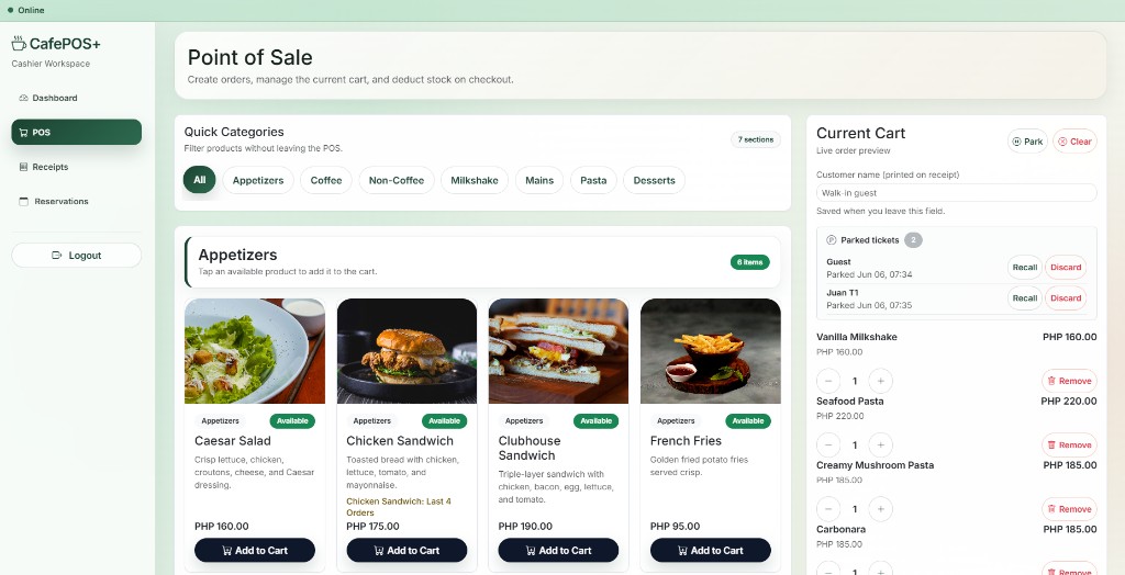 CafePOS+ point of sale cashier workspace